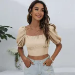Womens Lantern Sleeve Backless Tie T Shirt Solid Color Square Neck Short Length Spring Summer Ca