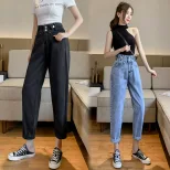 跨境牛仔裤女2023春夏新款学生韩版高腰百搭显瘦九分哈伦老爹裤潮