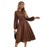 Leopard Print Floral Midi Dress Waist Defining Trendy Design Suitable for Casual Outings Wholesa