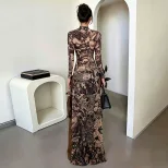 Fashion Long Sleeve High Split Top Unique Print Half Turtleneck Trendy Design Spring Womens Appa