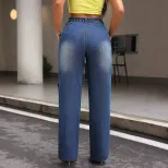 High Waisted Denim Cargo Pants Slim Fit Pocket Design Casual Style Perfect for Everyday Wear Who