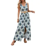 Sleeveless Floral Print Dress Round Neck Split Hem Ethnic Style Perfect for Vacation Wholesale A