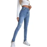 Womens Slim Fit Stretch Denim Pants Mid Rise Tapered Leg Fashionable Design Casual Wear Ready to