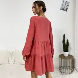 Loose Fit Long Sleeve Dress Cotton Linen Blend Pleated Design Vibrant Red Casual Wear for Spring