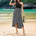 Summer Fashion Leopard Print Halter Dress Irregular Split Design Trendy Style Perfect for Partie