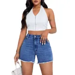 High Waisted Loose Fit Denim Shorts Frayed Hem Fashionable Style Casual Wear Ready to Ship Whole