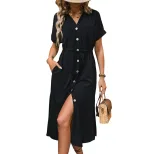 Summer Casual Shirt Dress Pocket Design Minimalist Style Solid Color Perfect for Everyday Wear W
