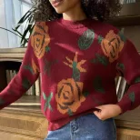 Womens Loose Fit Round Neck Sweater Soft Knit Floral Pattern Cozy Fabric Autumn Winter Fashion W