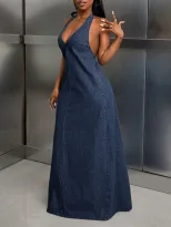 Casual Denim Dress for Women Halter Neck Stylish Fit Comfortable Fabric Perfect for Summer Outin