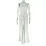 Elegant Ruched Bodycon Dress with Round Neck and Tie Detail Solid Color Slim Fit Long Sleeve Per
