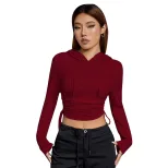 Womens Slim Fit Hooded T Shirt Burgundy Color Casual Style Autumn Winter Wear Wholesale Availabl