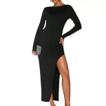Elegant Midi Dress Sexy Backless Design Round Neck Long Sleeve Autumn Winter Fashion Wholesale A