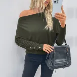 Casual Long Sleeve T Shirt Asymmetrical Neckline Solid Color Lightweight Fabric Spring Fall Wear