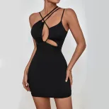 Summer Womens Black Hollow Out Bodycon Dress Adjustable Straps Slim Fit Elegant Style Perfect fo