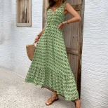 Elegant Geometric Print Sleeveless Dress Summer Casual Wear Waist Defining Design Available for