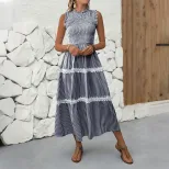 Summer Sleeveless Dress Sweet Lace Trim Striped Pattern Casual Style Perfect for Warm Weather Oc
