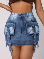 Casual Denim Skirt Stylish Workwear Design Large Pockets Decorative Straps Versatile for Everyda