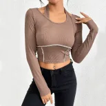 Womens Fitted Knit Long Sleeve T Shirt Exposed Stitching Halter Neck Stylish Design Autumn Winte