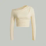 Knitted Long Sleeve Top Slim Fit Ruched Design Asymmetrical Shoulder Casual or Night Out Wholesa