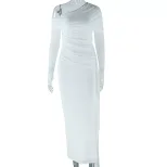 Elegant Womens Dress Solid Color Off Shoulder Long Sleeve Mesh Panel Fashionable for Parties or