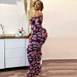 Asymmetrical Shoulder Long Sleeve Bodycon Dress Fashionable Floral Print Ruched Design Mid Lengt