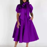 Elegant Puff Sleeve Solid Color Maxi Dress Waist Tie Flattering Fit Spring Summer Style Wholesal