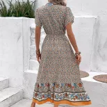 Floral A Line Dress for Women Short Sleeve Khaki Summer Casual Wear OEM ODM service
