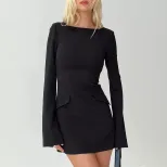 Black Bell Sleeve Mini Dress Slim Fit Open Back Pocket Decor Casual Office Wear Wholesale Availa