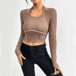 Womens Fitted Knit Long Sleeve T Shirt Exposed Stitching Halter Neck Stylish Design Autumn Winte