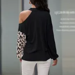 Casual Womens Long Sleeve Hollow Out Cold Shoulder T Shirt Half High Neck Lightweight Fabric Sty