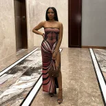 3D Printed Strapless Maxi Dress Spring Fashion High Slit Elegant Style Perfect for Parties and E
