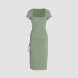 Knit Bodycon Dress Elegant V Neck Side Slit Slim Fit Ribbed Fabric Perfect for Parties and Event