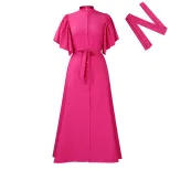 Fashionable Summer Long Dress Loose Fit Belted Single Breasted Flared Sleeves Perfect for Casual