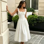 Elegant French Style Summer Dress for Women Square Neck Ruffled Hem Slim Fit Adjustable Straps P