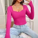 Womens Slim Fit Long Sleeve T Shirt Fashionable Versatile Short Length Barbie Pink Spring Summer