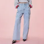 High Waisted Wide Leg Denim Trousers Loose Fit Utility Pockets Casual Style Womens Fashion Ready