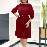 Elegant Womens African Dress Round Neck Three Quarter Sleeve Pleated Design Perfect for Parties