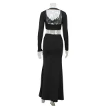 Elegant Womens Two Piece Set Sexy Hollow Out Crop Top and Skirt Metal Button Design Perfect for