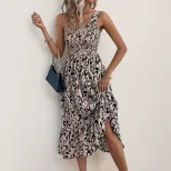 Abstract Print Ruffled Maxi Dress Sleeveless Beach Vacation Style Lightweight Fabric Wholesale A