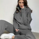 Womens Casual Solid Color Cotton Hoodie Set Zipper Fleece Lined Loose Fit Ideal for Sports and E