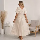 Casual Solid Color V Neck Pleated Maxi Dress Elegant Design Comfortable Fit Versatile Style Whol