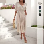 Casual Puff Sleeve V Neck Dress Simple Design Wrinkled Fabric Solid Color Perfect for Office Wea