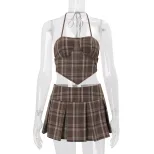Vintage Striped Plaid Halter Top and Low Waist Pleated Skirt Set Spring Collection Womens Fashio