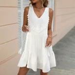 Bohemian White Sleeveless Dress Ethnic Style V Neck Tassel Detail Short Length Summer Beach Vaca