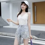 2023夏新款网红同款短裤女潮高腰重工带钻流苏牛仔短裤女阔腿热裤