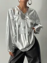 Womens Casual Long Sleeve V Neck Top Letter Print Street Style Trendy Design Perfect for Everyda
