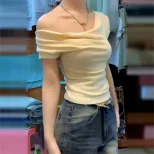 Off Shoulder Short Sleeve T Shirt for Women Summer Slim Fit French Style Sweet and Spicy Wholesale Available