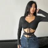 Slim Fit Long Sleeve T Shirt Unique Design Sexy Hollow Out Short Crop Style Spring Summer Womens