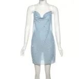 Summer Womens Bodycon Mini Dress Halter Neck High Waist 3D Water Drop Decoration Casual Party We