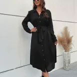 Elegant Black Long Dress Shirt Collar Autumn Winter European and American Style Perfect for Offi
